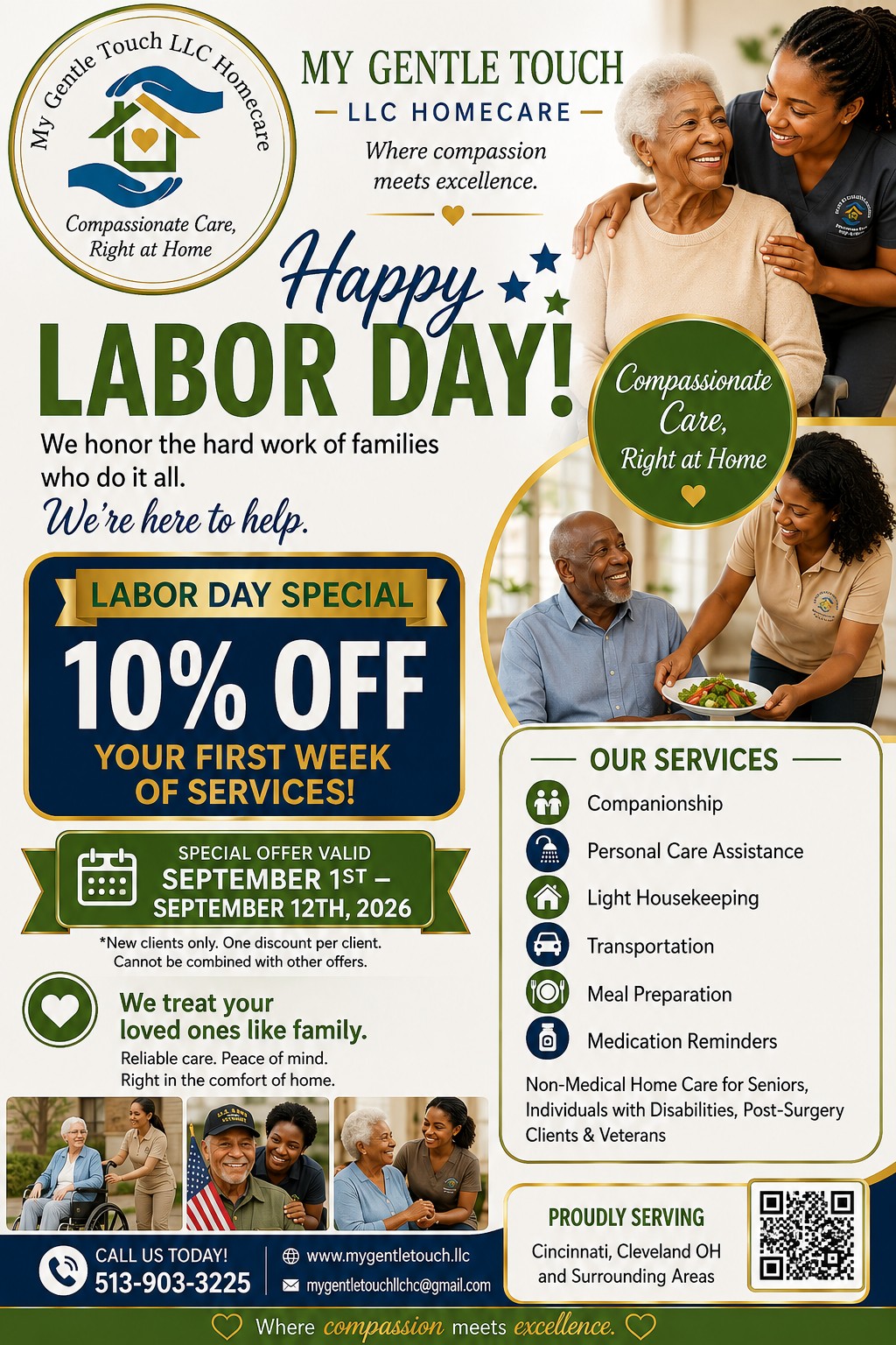My Gentle Touch LLC Homecare Labor Day special offering 10 percent off the first week of services for new clients September 1 through September 12, 2026